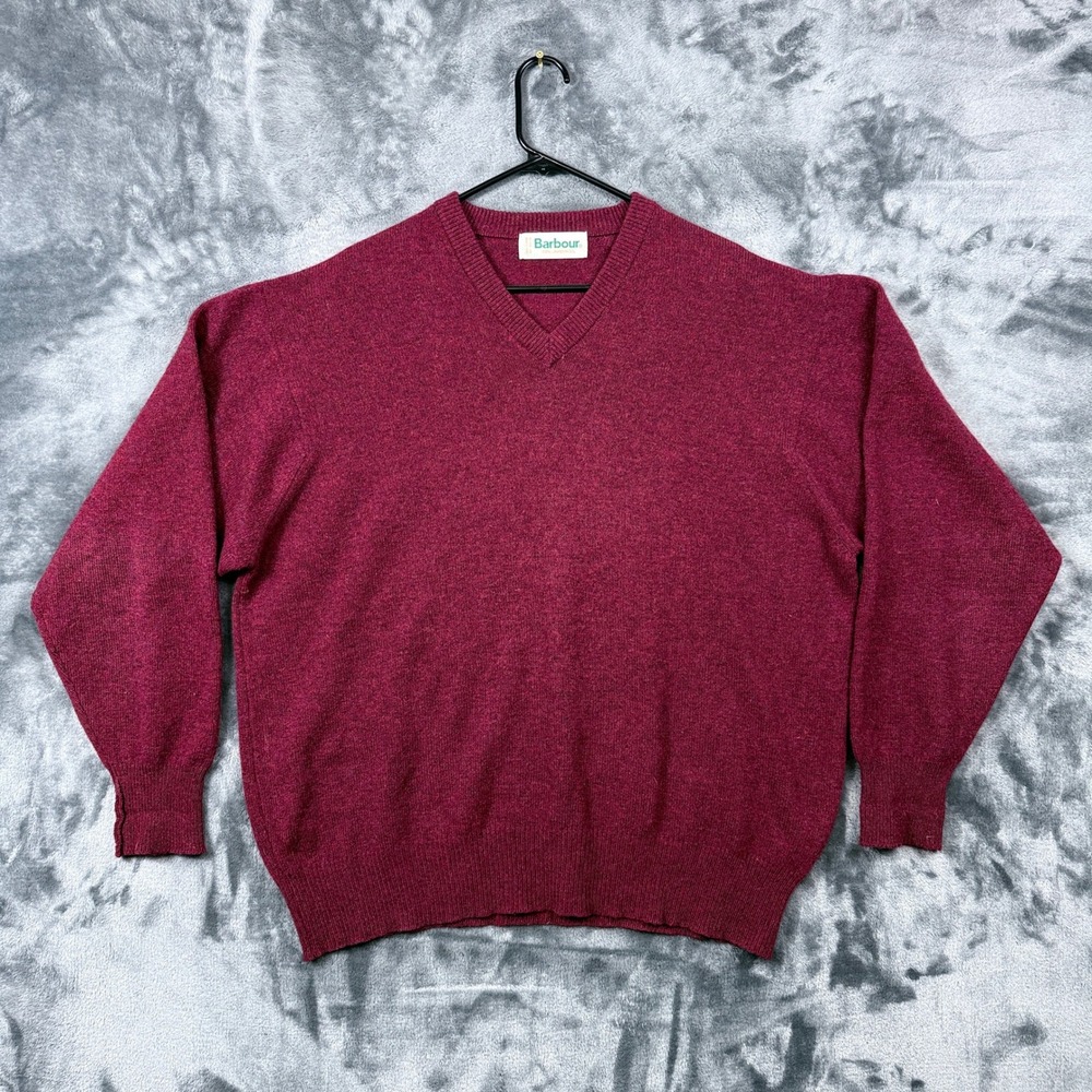 Barbour Sweater Mens Large Burgundy Lambswool V-Neck Scotland Knit 11173